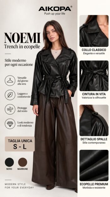 Giacca NOEMI in Ecopelle da Donna TAGLIA UNICA S-L con Cintura - Capospalla Elegante Stile Biker Stile Moderno