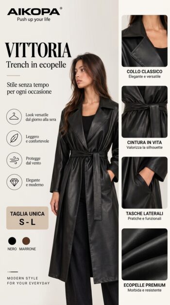 Trench VITTORIA in Ecopelle Lunga Donna con Cintura TAGLIA UNICA S-L - Capospalla Elegante e Moderno