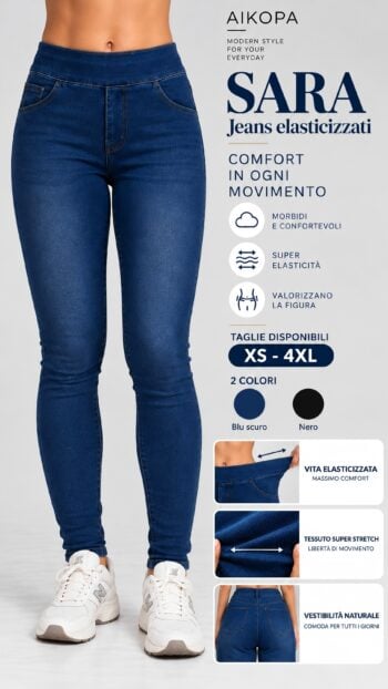 Jeans SARA Elasticizzati Donna Leggings Vita Alta Super Stretch Skinny Fit  Tasche Anteriori Finte e Posteriori Vere